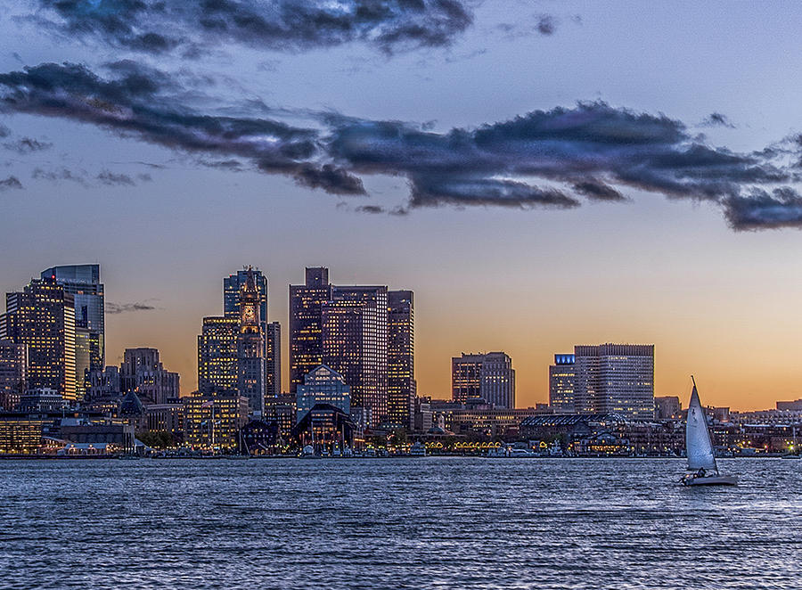 Boston Skyline Lights Sailboat Photograph by Hershey Art Images