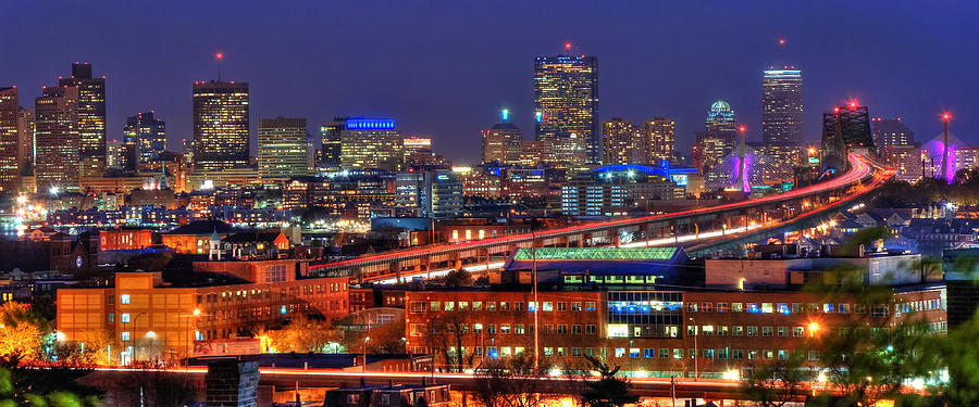 Boston Photograph - Boston Skyline Panoramic at Night by Joann Vitali