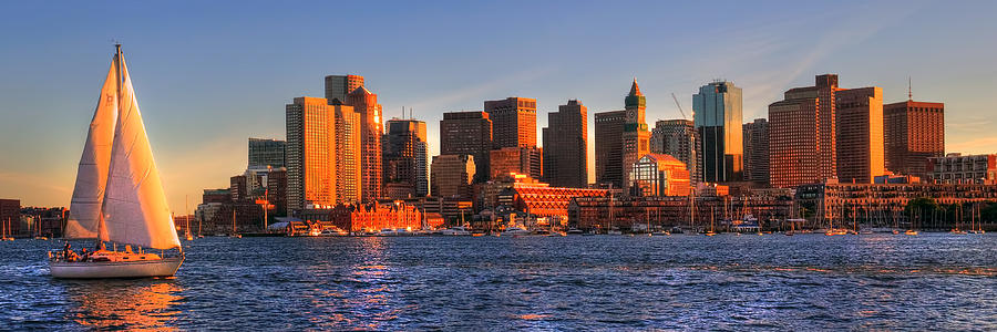Boston Photograph - Boston Skyline Panoramic with Sailboat by Joann Vitali