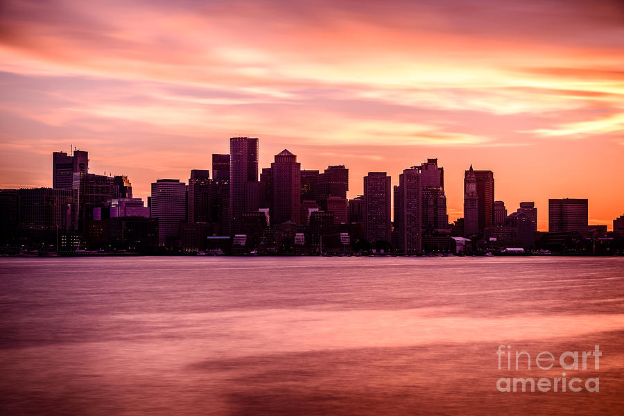 Boston Photograph - Boston Skyline Picture with Colorful Sunset by Paul Velgos