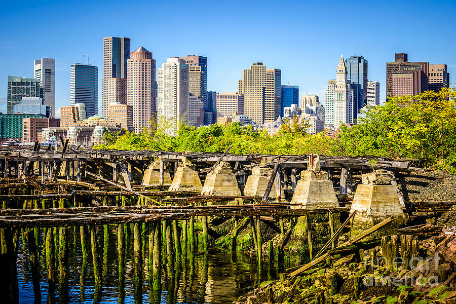 Boston Photograph - Boston Skyline Picture with Old Ruined Pier by Paul Velgos