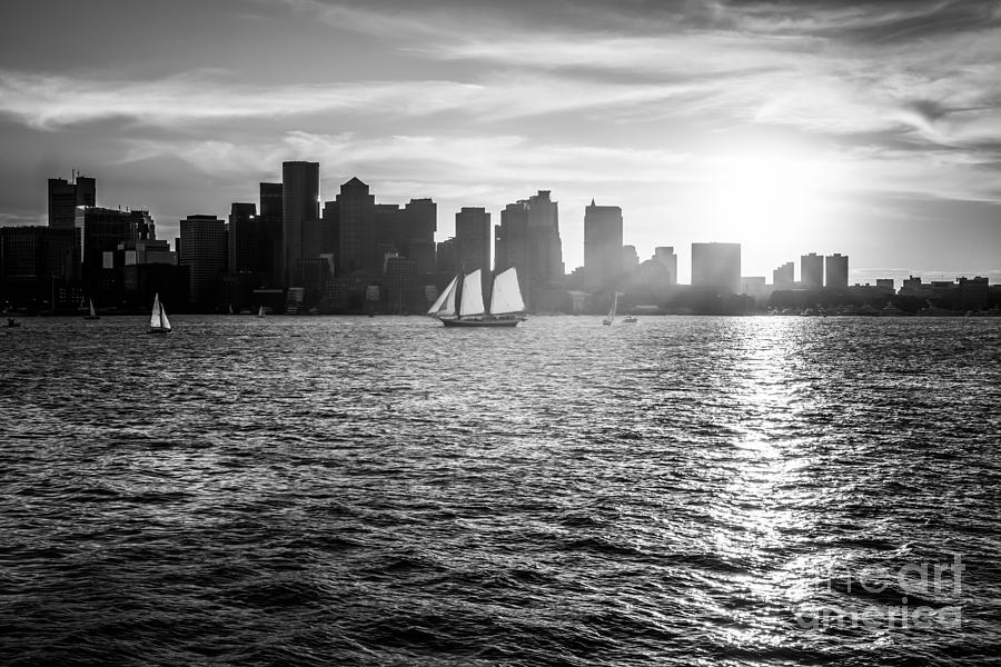 Boston Skyline Sunset Black And White Photo Photograph