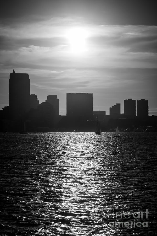 Boston Skyline Sunset Black And White Picture Photograph