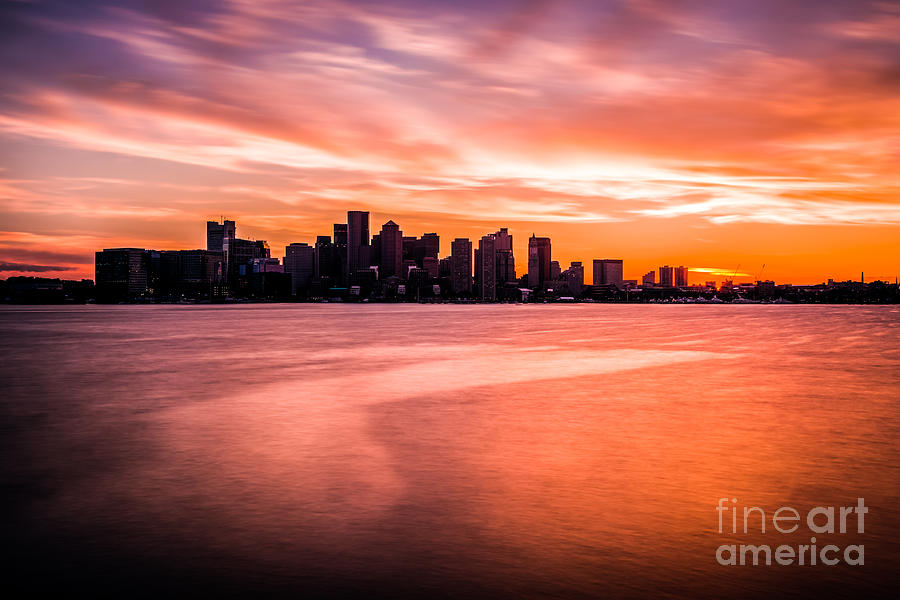 Boston Skyline Sunset Colorful Orange Sky Photograph