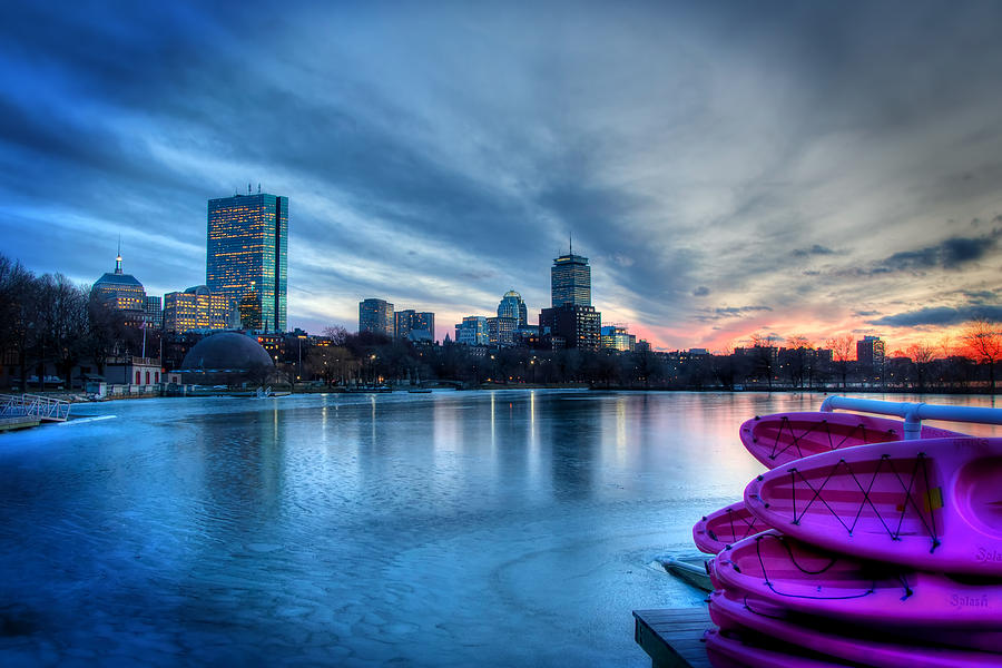 Boston Skyline Sunset on a Frozen Charles River Photograph by Joann Vitali