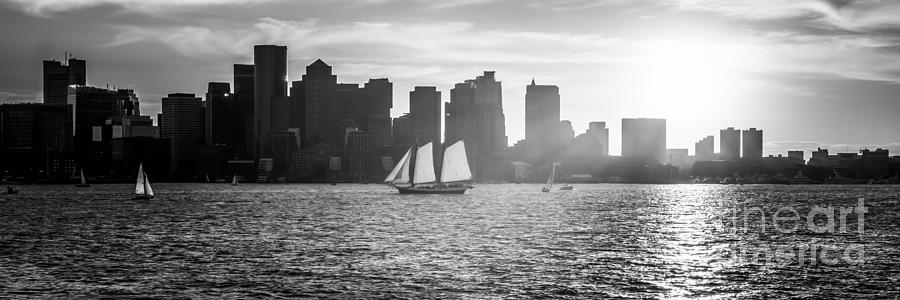 Boston Photograph - Boston Skyline Sunset Panoramic Black and White Photo by Paul Velgos