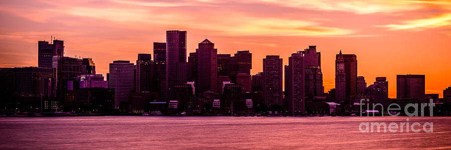 Boston Photograph - Boston Skyline Sunset Panoramic Photo by Paul Velgos