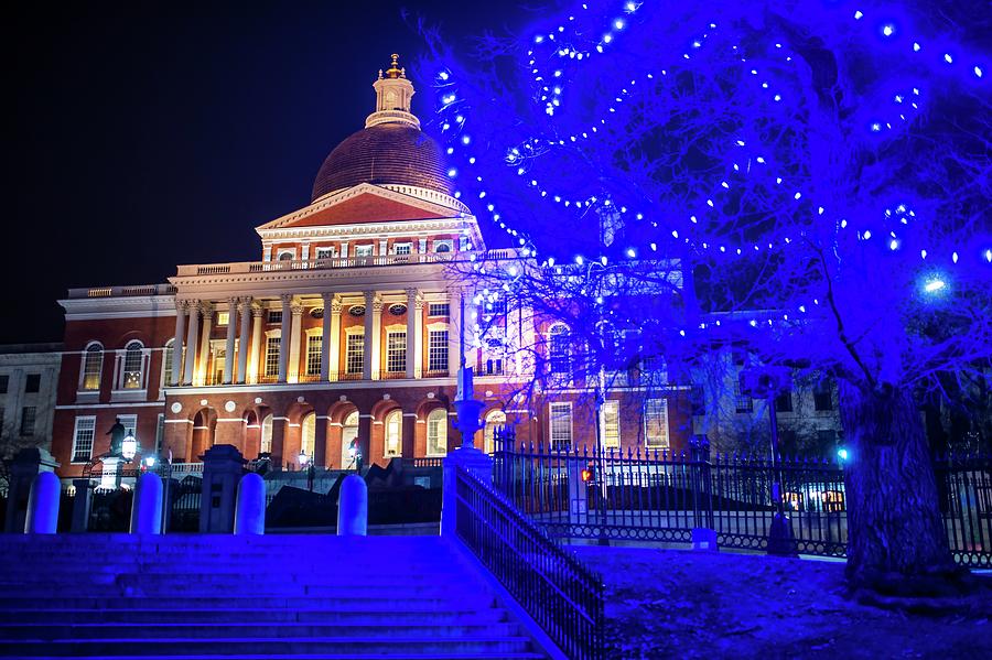 Boston Statehouse with blue Christmas Lights Photograph by Toby McGuire