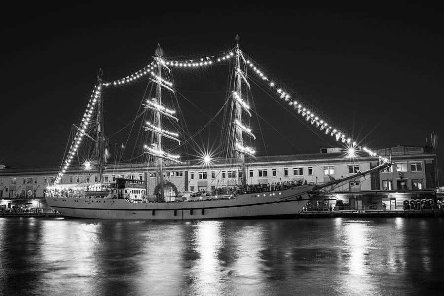 Boston Tall Ships at Night Boston MA Black and White Photograph by Toby McGuire