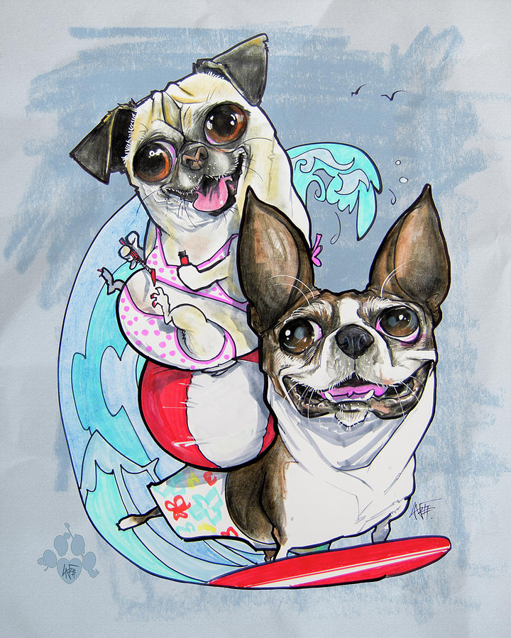 Boston Terrier and Pug - Surfs Up Drawing by John LaFree