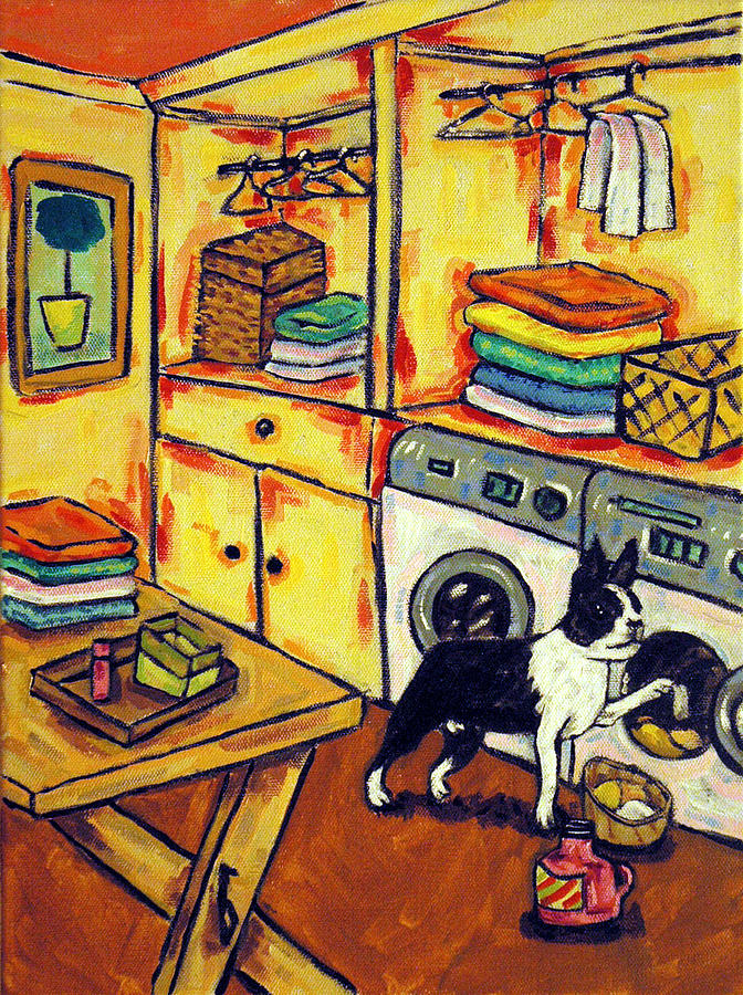 Boston Terrier Painting - Boston Terrier Doing the Laundry by Jay  Schmetz