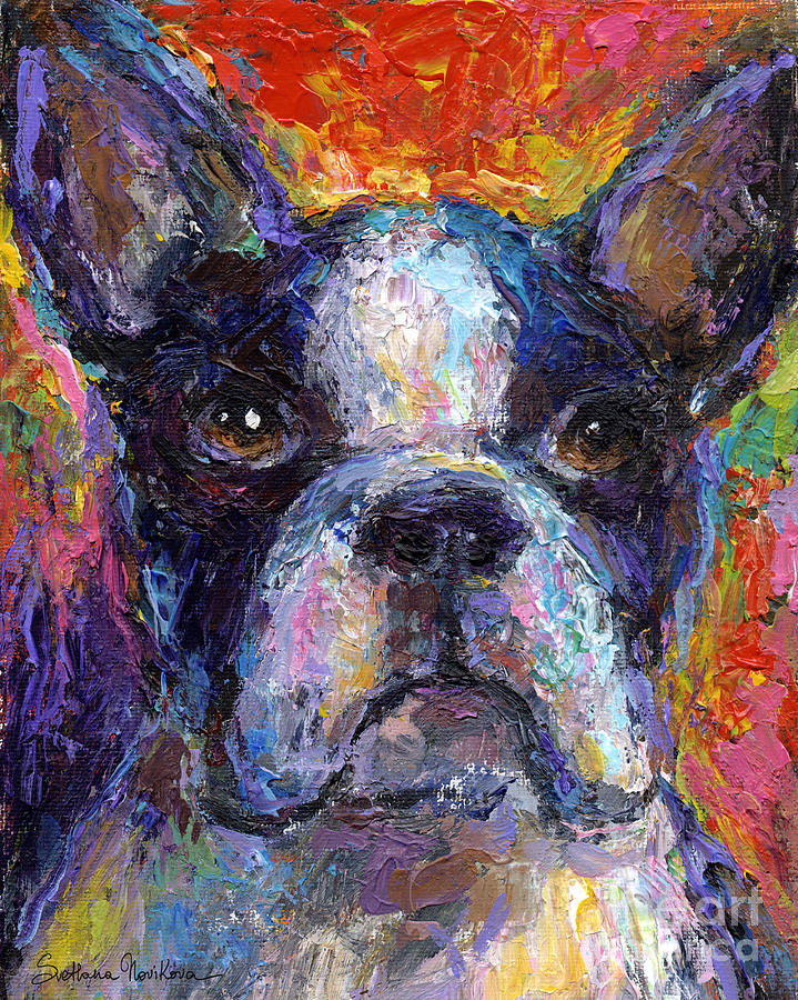 Boston Terrier Gifts Painting - Boston Terrier Impressionistic portrait painting by Svetlana Novikova