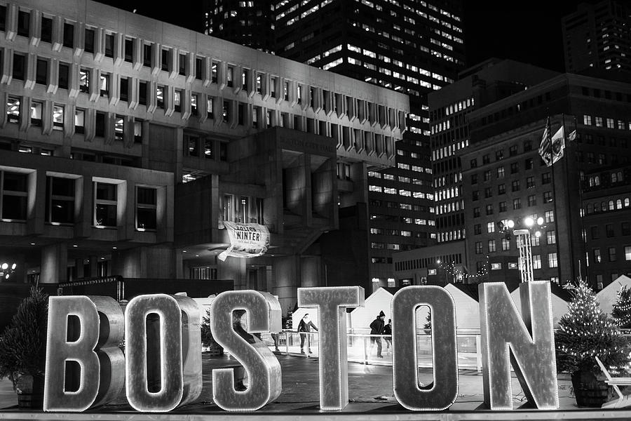 Boston Winter in City Hall Plaza Boston, MA Black and White Photograph by Toby McGuire
