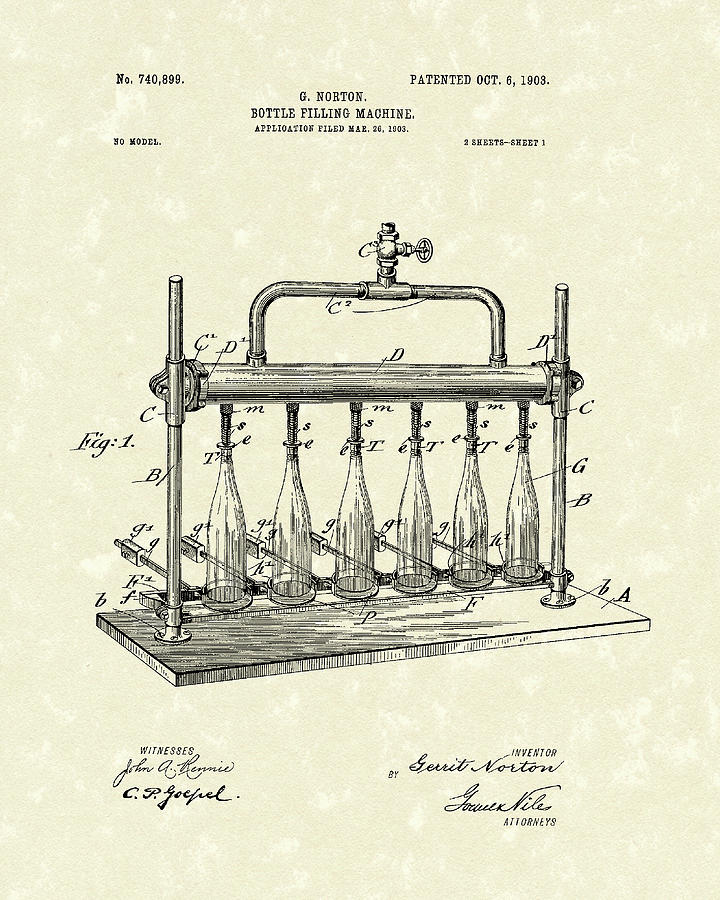 Norton Drawing - Bottle Filling Machine 1903 Patent Art by Prior Art Design