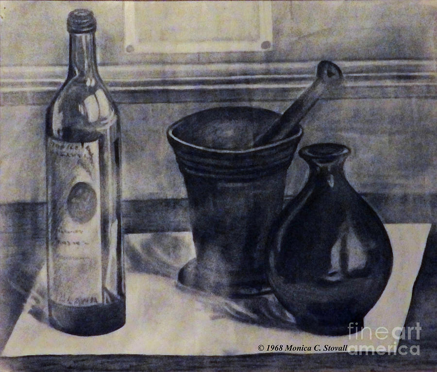 Bottle, Mortar and Pestle, Vase Drawing by Monica C Stovall