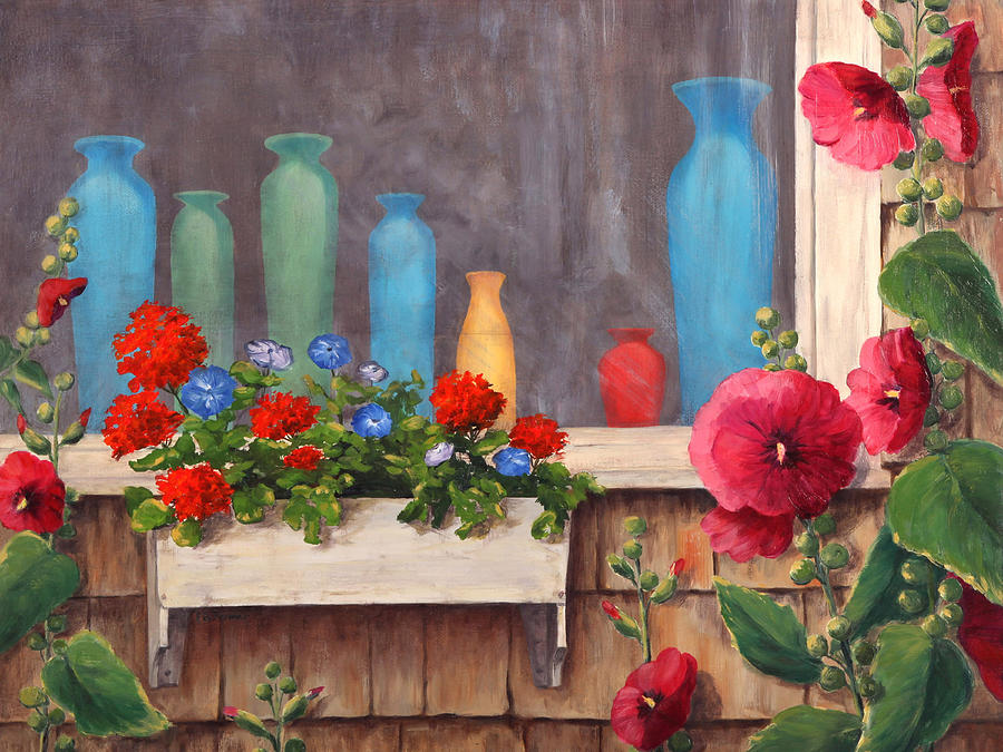 Bottles and Flowers, Monhegan Island, ME Painting by Elaine Farmer