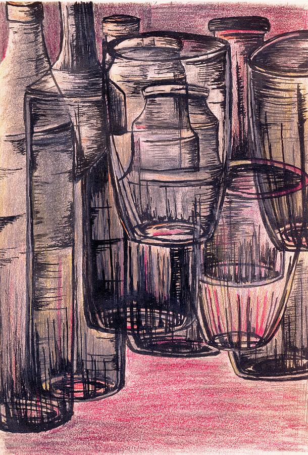 Bottles in Red Drawing by Medea Ioseliani