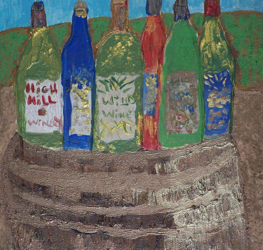 Landscape Painting - Bottles Of Wine On Wooded Barrel by Maggie Cruser