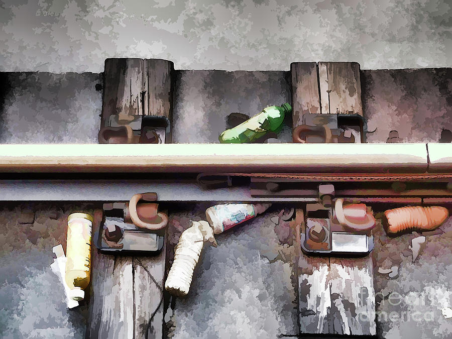 Bottles on the subway tracks Painting by Jeelan Clark