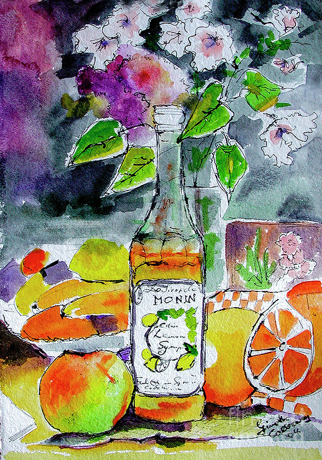 Bottles Still Life with Fruit and Bottle Painting by Ginette Callaway