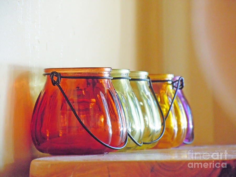 Bottles with Hoops on Shelf, Brown, Yellow, Green, Orange, and Purple Photograph by David Frederick