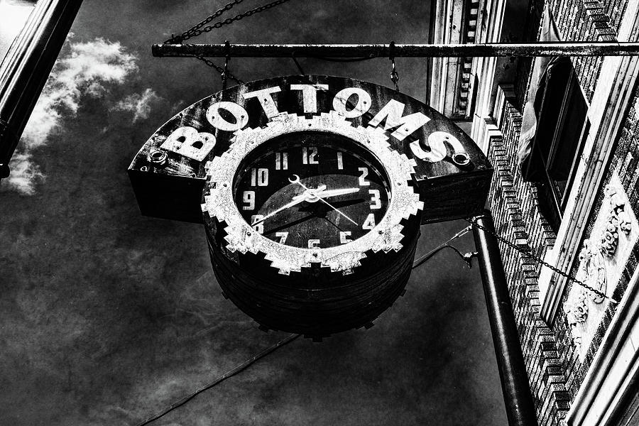 Bottoms Clock Sign Black and White Photograph by Sharon Popek