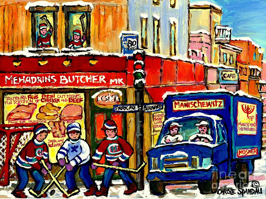 Boucherie Mehadrin Kosher Butcher Shop Hockey Kids Manischewitz Delivery Truck Jewish Montreal Art Painting by Carole Spandau