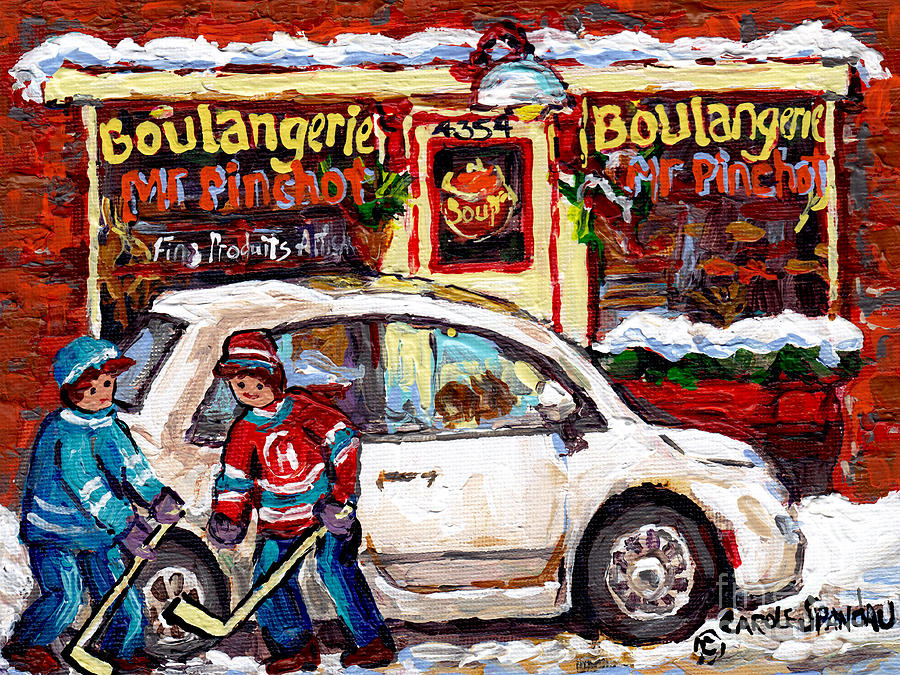 Boulangerie Mr Pinchot Rues De Brebeuf Et Marianne Montreal Storefront Winter Hockey Scene C Spandau Painting by Carole Spandau
