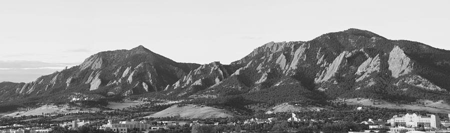Boulder Colorado Flatirons and CU Campus Panorama BW Photograph by James BO Insogna