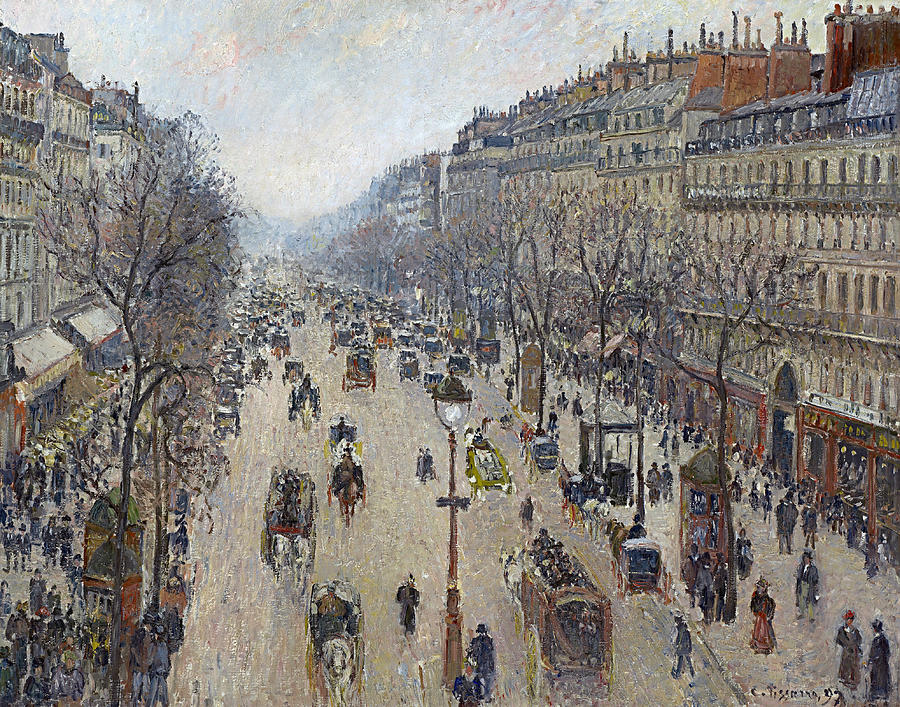 Boulevard Montmartre Morning Cloudy Weather  Painting by Camille Pissarro
