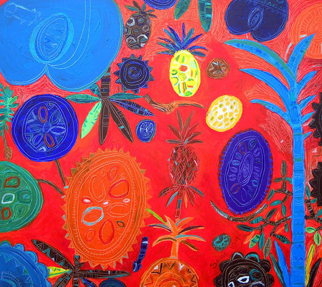 Bountiful harvest of fruit Painting by Eria Nsubuga