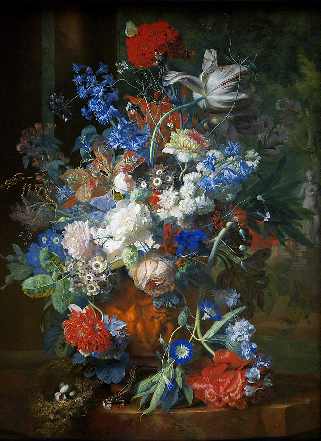 Bouquet Of Flowers Against A Park Landscape Painting by Jan van Huysum