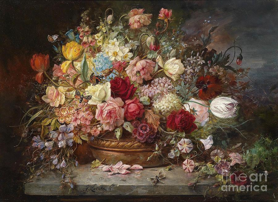 Bouquet of Flowers in a Copper Bowl with Dragonfly Painting by Celestial Images