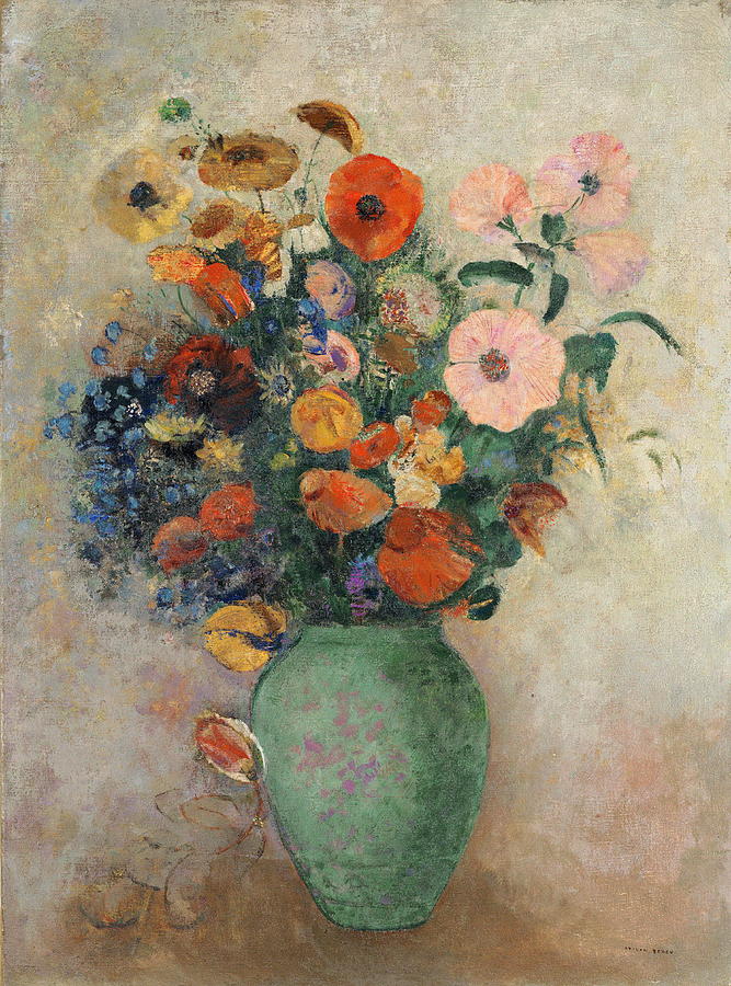 Bouquet Of Flowers In A Green Vase Painting by Odilon Redon - Fine Art ...