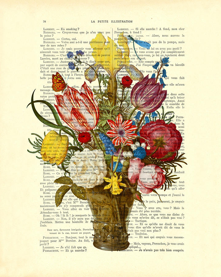 Rose Digital Art - Bouquet of flowers on dictionary paper by Madame Memento
