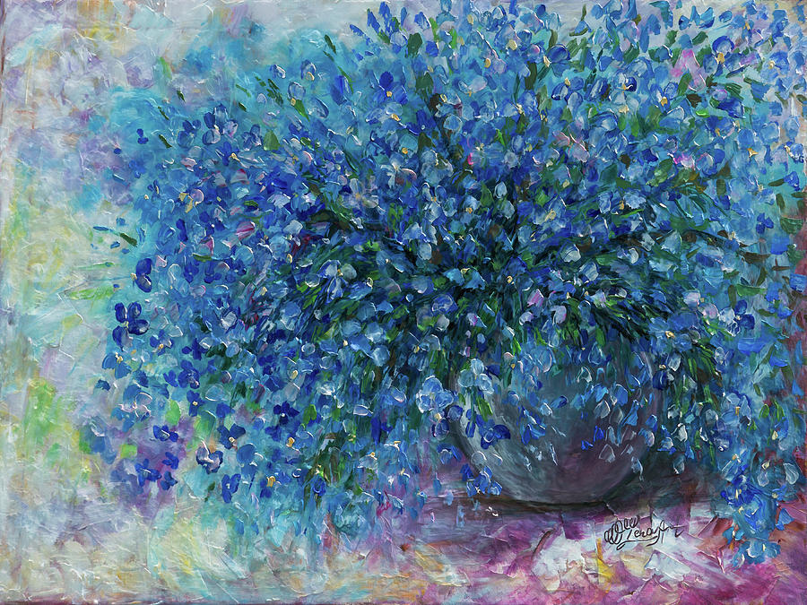 Bouquet Of Forget Me Nots - 2 oil painting with a Palette Knife  Painting by Lena Owens - OLena Art Vibrant Palette Knife and Graphic Design