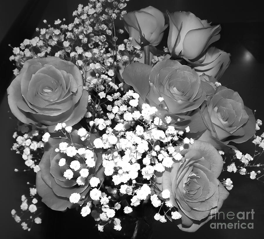 Black And White Photograph - Bouquet of Roses and Babys Breath Soft Black and White by Rose Santuci-Sofranko