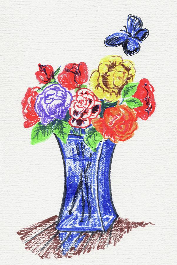 Bouquet of Roses in a Blue Vase Painting by Masha Batkova