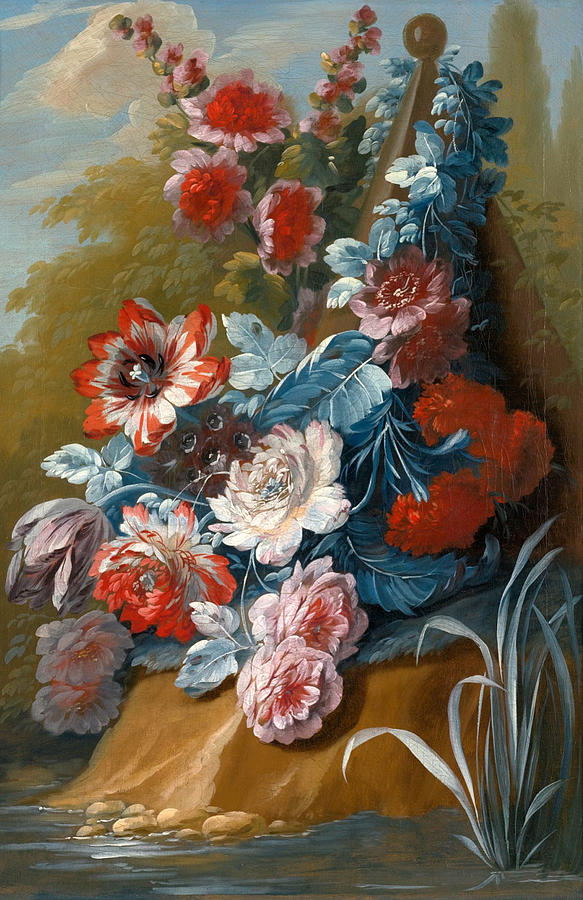 Bouquets of Flowers on a Ledge above Water 2 Painting by Mary Moser