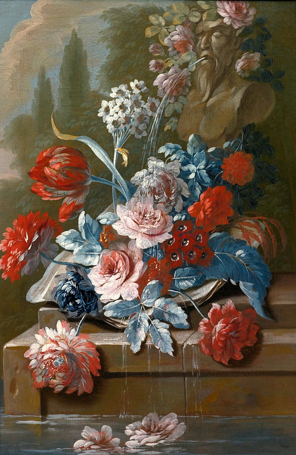 Bouquets of Flowers on a Ledge above Water Painting by Mary Moser
