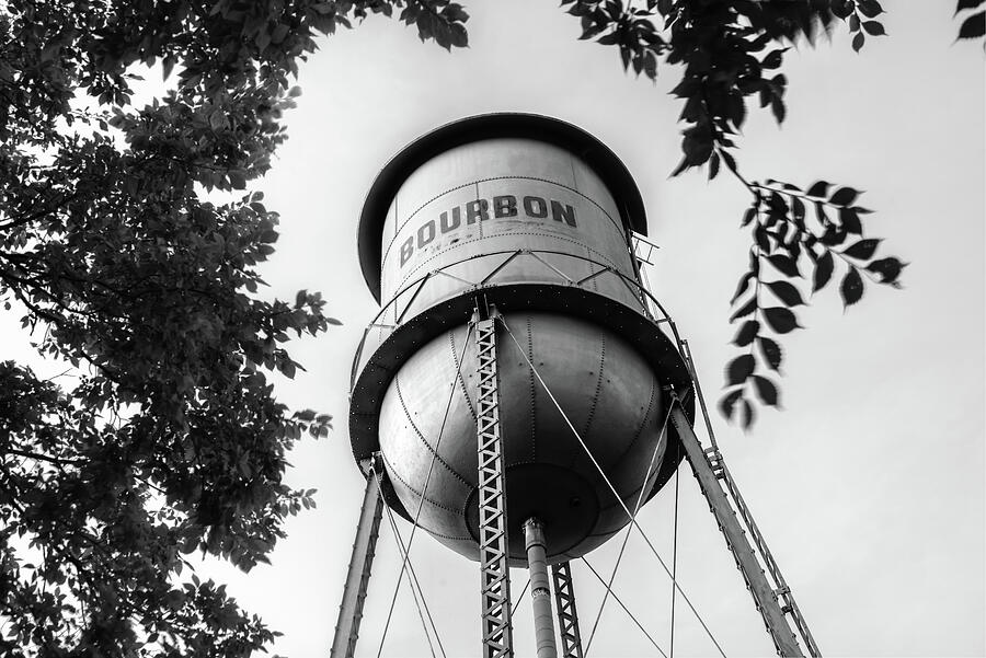 Bourbon Missouri USA Vintage Water Tower - Black and White Photograph by Gregory Ballos