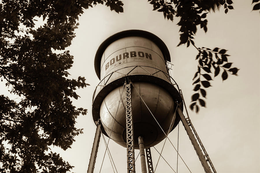 Bourbon Missouri USA Vintage Water Tower - Vintage Sepia Photograph by Gregory Ballos