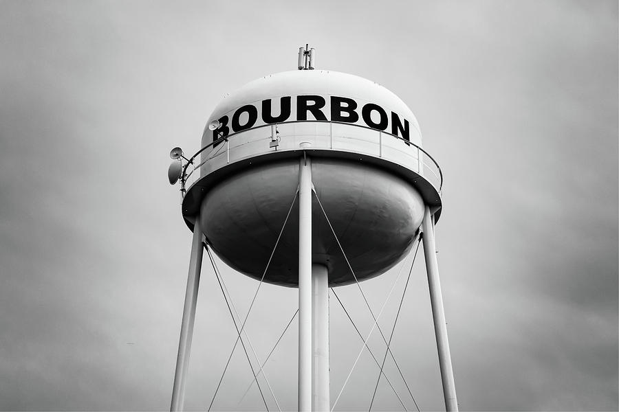 Black And White Photograph - Bourbon Whiskey Water Tower Art - Monochrome Edition by Gregory Ballos