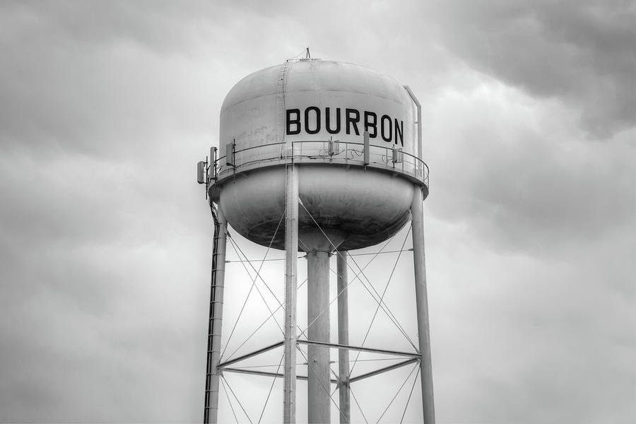 Black And White Photograph - Bourbon Whiskey Water Tower Art - Monochrome by Gregory Ballos