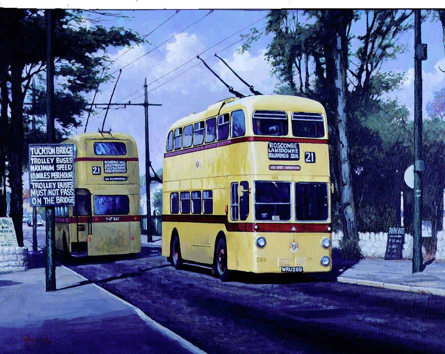 Bournemouth trolley-bus. Painting by Mike Jeffries
