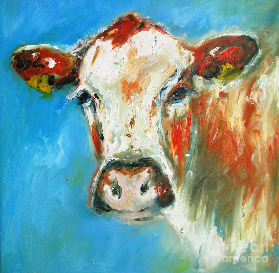 Bovine on blue  Painting by Mary Cahalan Lee - aka PIXI