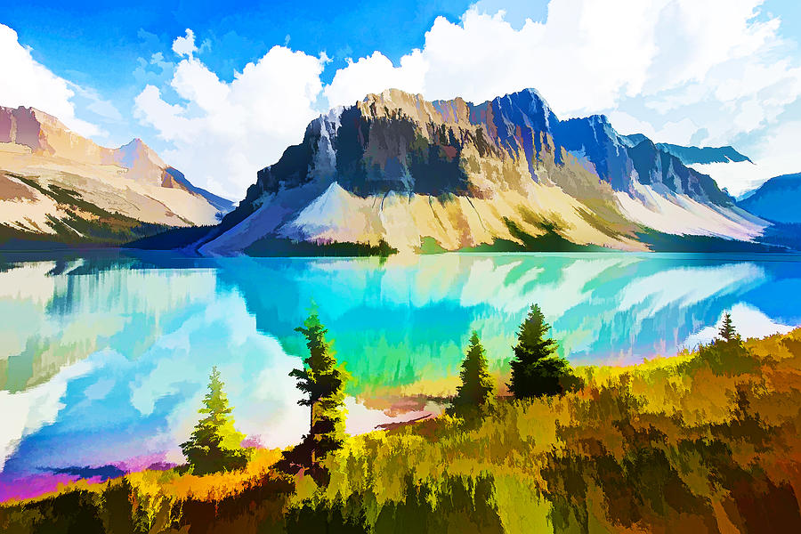 Bow Lake morning reflection Banff National Park Canada Painting by Jeelan Clark