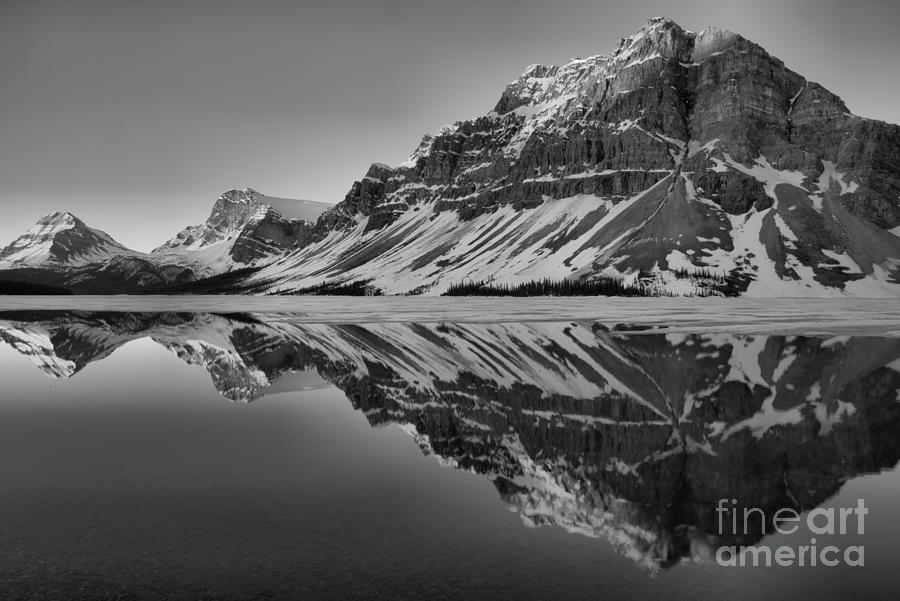 Bow Lake Sunrise Reflections Black And White Photograph by Adam Jewell