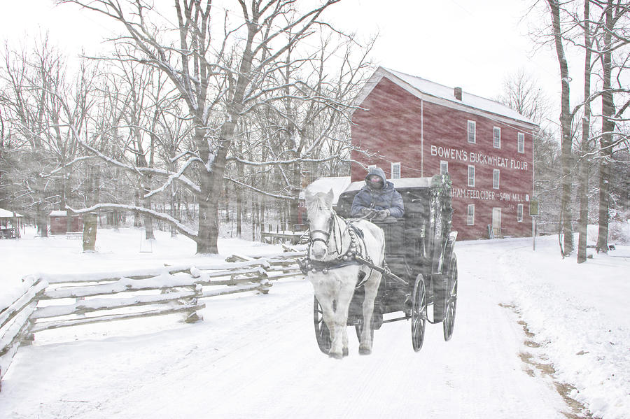 Bowens Cider Mill during a Winter Snow Storm with Horse and Buggy Photograph by Randall Nyhof