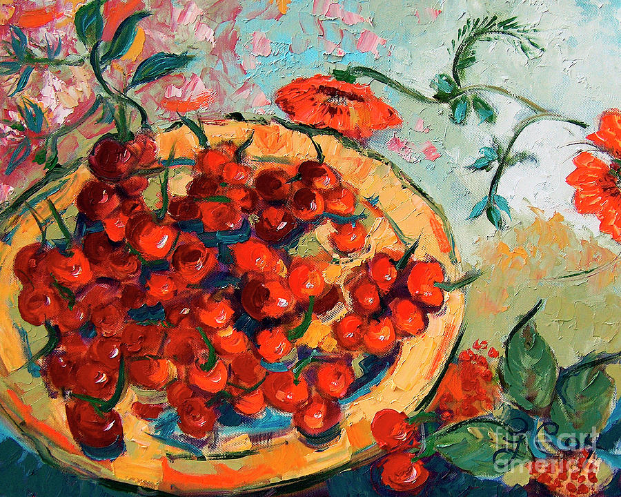 Bowl of Cherries and Poppies Painting by Ginette Callaway